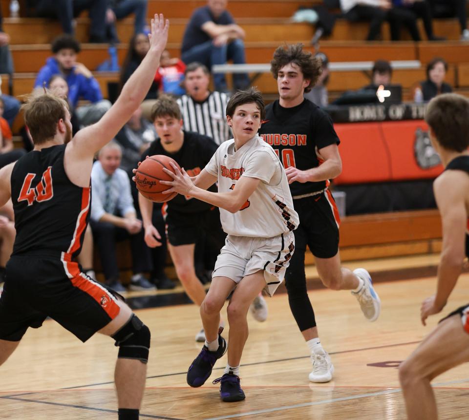 Brady St. John of Summerfield looks to pass Tuesday night during a 65-37 loss to Hudson.