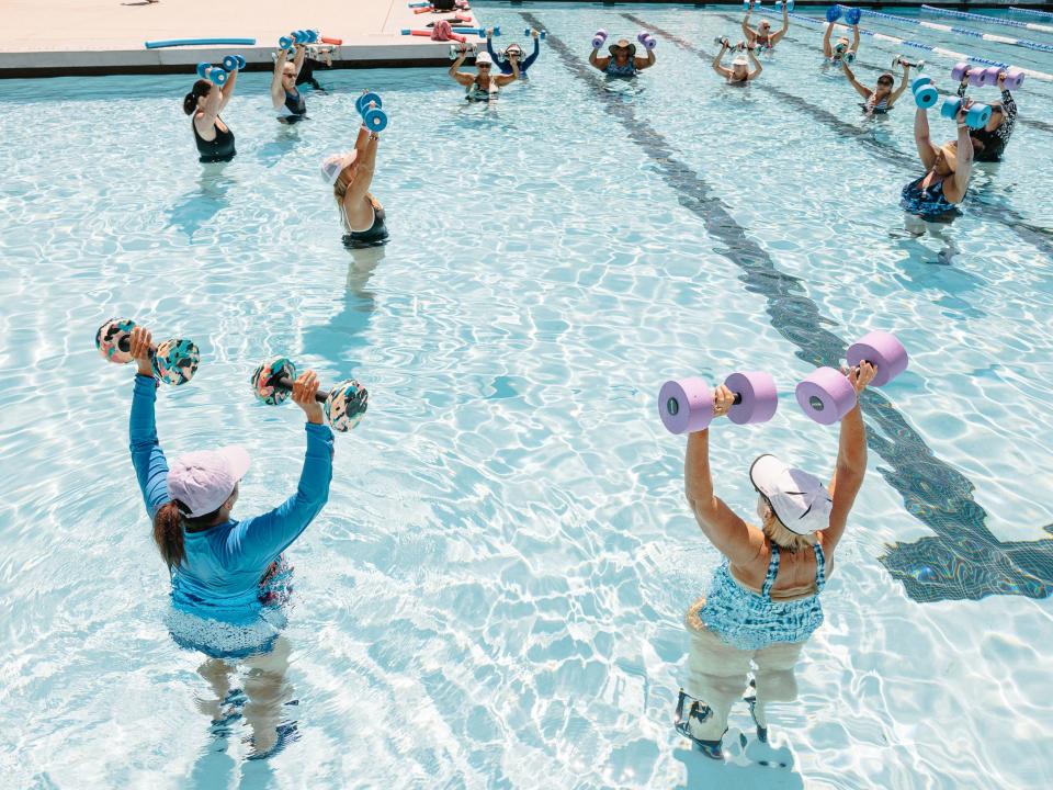 Seniors in a water aerobics class at Drayson Center at Loma Linda University in Loma Linda, California.