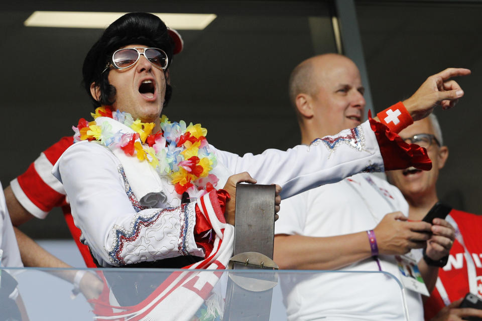 <p>A fan supports Switzerland prior to the group E match against Serbia at the 2018 soccer World Cup in the Kaliningrad Stadium in Kaliningrad, Russia, Friday, June 22, 2018. (AP Photo/Victor Caivano) </p>