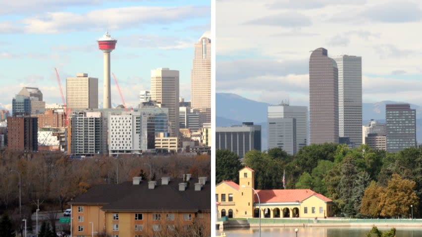 Two cities with very similar skylines. On the left is Calgary's downtown while the right is downtown Denver.