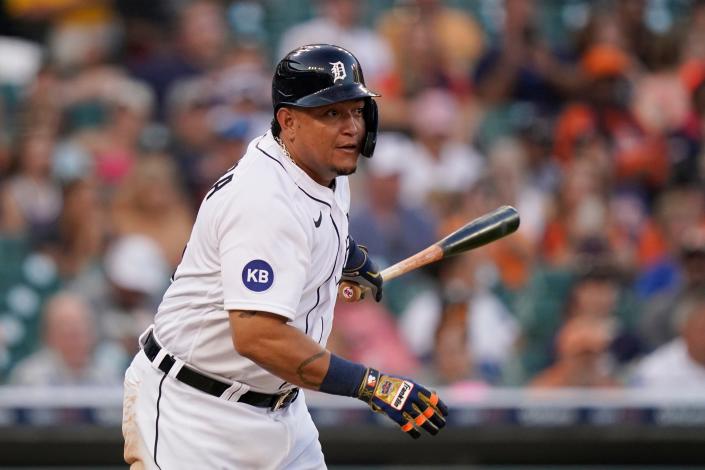 Tigers designated hitter Miguel Cabrera watches his singe during the fourth inning on Tuesday, July 5, 2022, at Comerica Park.