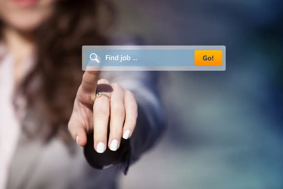 Woman pointing at text that says "Find job."