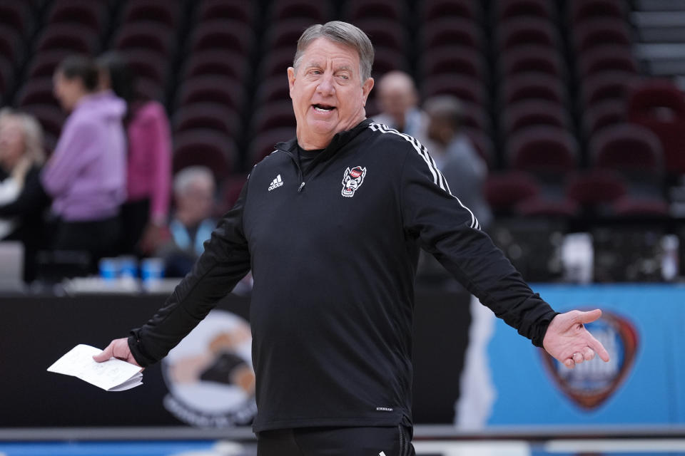 North Carolina State head coach Wes Moore gestures during a practice for an NCAA Women's Final Four semifinals basketball game Thursday, April 4, 2024, in Cleveland. (AP Photo/Morry Gash)