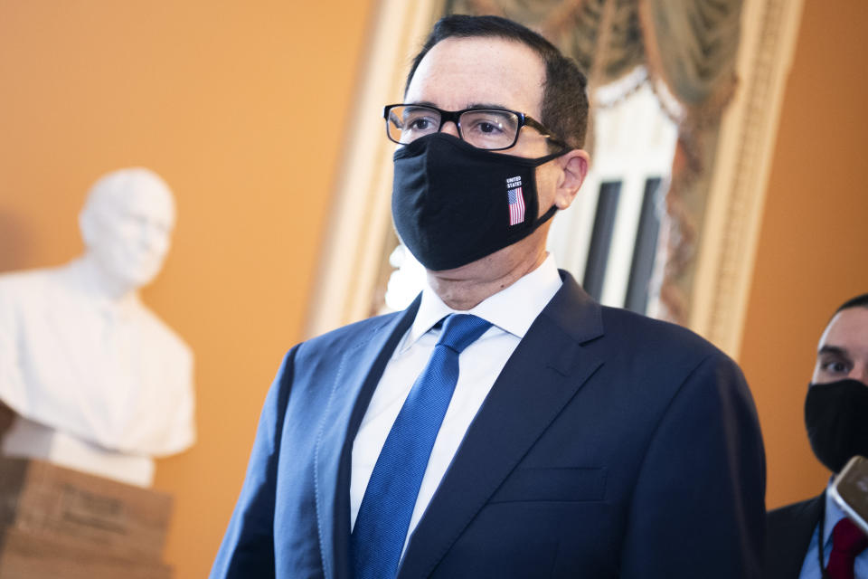 Treasury Secretary Steven Mnuchin arrives at the Capitol for a meeting with Senate Majority Leader Mitch McConnell about the COVID-19 relief plan, on Thursday, July 23, 2020. Mnuchin has been representing the White House in Capitol Hill negotiations. (Photo: Tom Williams via Getty Images)