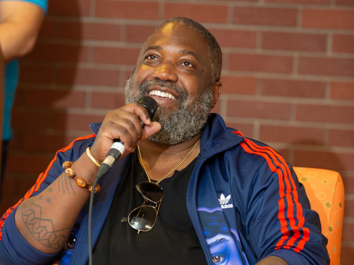 Selwyn Seyfu Hinds, the showrunner, writer and executive producer of Washington Black, speaks at an event at the Halifax North Public Library on June 12. (Adams Photography - image credit)