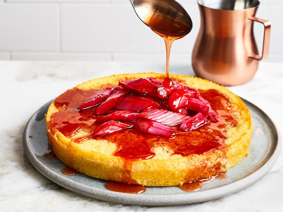 Aperol Spritz Cake with Prosecco-Poached Rhubarb