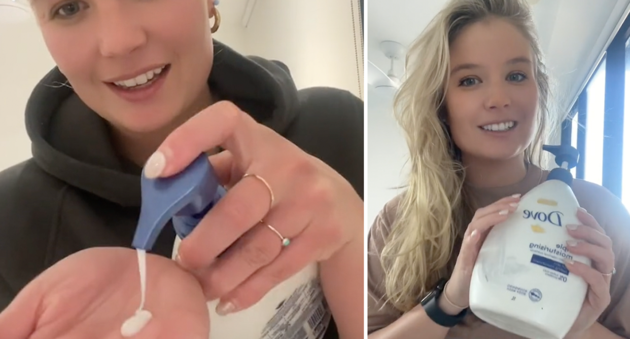 Alice James squirts the body wash onto her hand showing how it looks like moisturiser (left) and she holds the bottle up to the camera (right). 