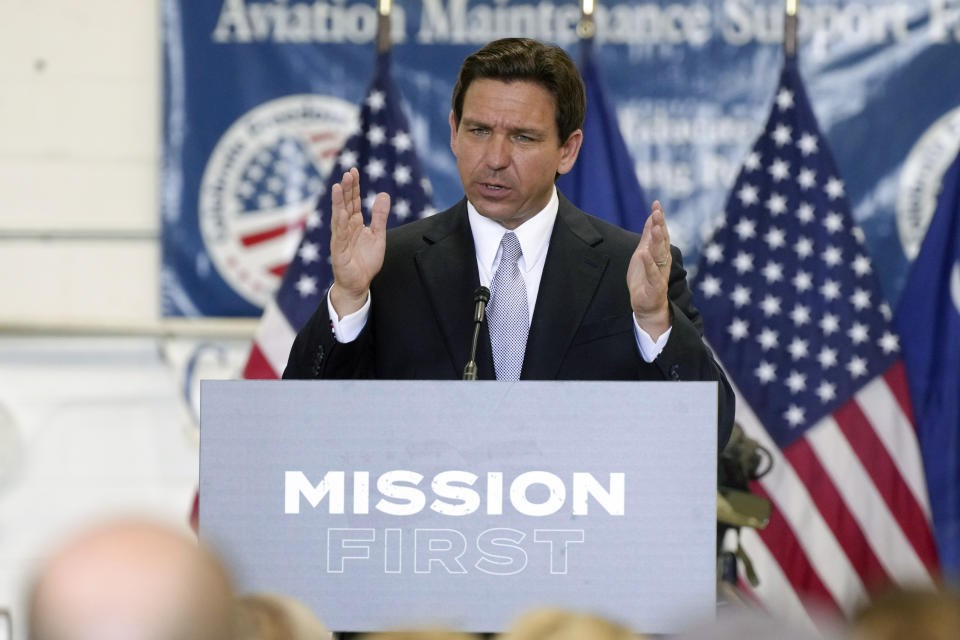Florida Gov. Ron DeSantis rolls out his military policy proposal during an event for his 2024 presidential campaign on Tuesday, July 18, 2023, in West Columbia, S.C. (AP Photo/Meg Kinnard)