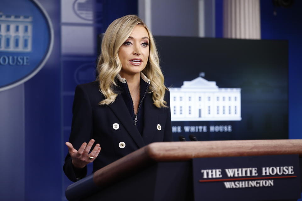 White House press secretary Kayleigh McEnany speaks during a news conference at the White House, Monday, June 1, 2020, in Washington. (AP Photo/Patrick Semansky)