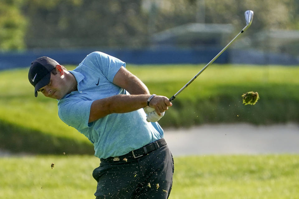 Patrick Reed, of the United States, plays a shot off the second fairway during the second round of the US Open Golf Championship, Friday, Sept. 18, 2020, in Mamaroneck, N.Y. (AP Photo/John Minchillo)