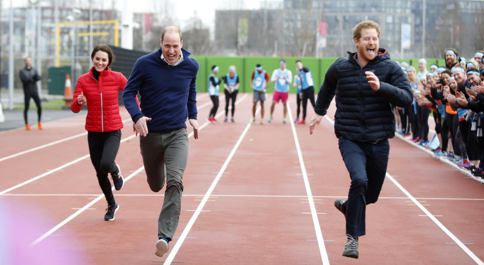 Catherine, Duchess of Cambridge, Prince William, Duke of Cambridge and Prince Harry race during a Marathon Training Day with Team Heads Together at the Queen Elizabeth Olympic Park on February 5, 2017 in London, England.