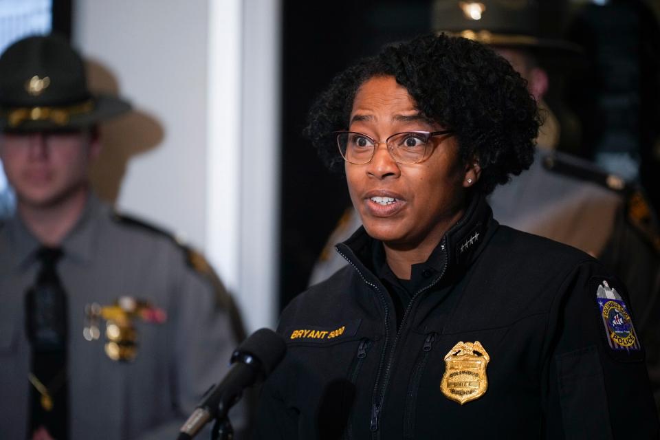 Columbus Chief of Police Elaine Bryant speaks during a press event about the missing Thomas twins, who were abducted from a Donatos in Columbus on Monday evening when the vehicle they were in was stolen.