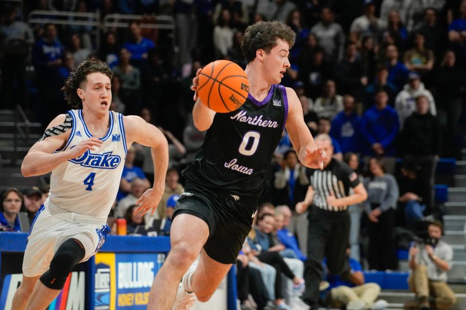 Northern Iowa's Nate Heise (0) dribbles the ball during a Jan. 27 game against Drake at the Knapp Center. Heise will play for Iowa State next season.