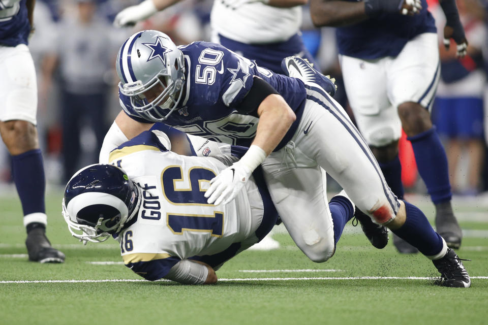 Dec 15, 2019; Arlington, TX, USA; Dallas Cowboys outside linebacker Sean Lee (50) sacks Los Angeles Rams quarterback Jared Goff (16) in the third quarter at AT&T Stadium. Mandatory Credit: Tim Heitman-USA TODAY Sports