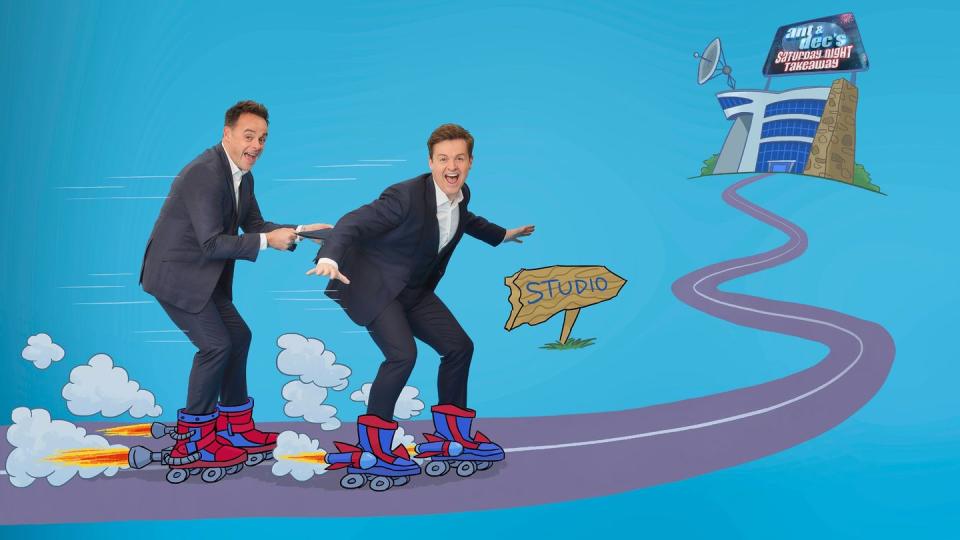 ant dec's saturday night takeaway 2023 promo shoot, with the duo in cartoon rocket shoes skating towards the studio