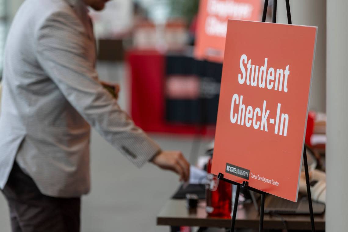 An N.C. State student checks in for job fair in the Talley Student Union on Thursday, February 23, 2023 in Raleigh, N.C.