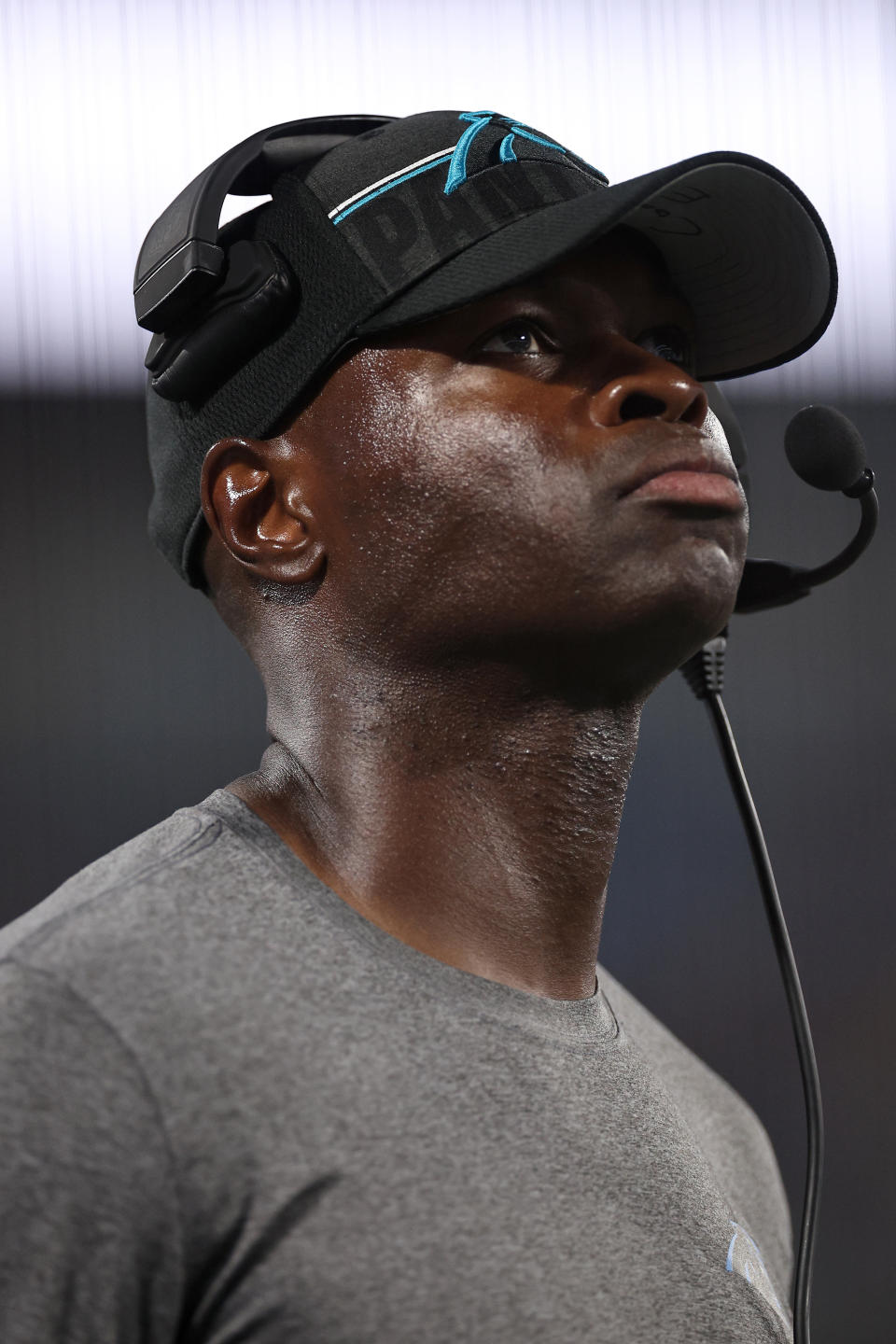CHARLOTTE, NORTH CAROLINA – AUGUST 25: Carolina Panthers defensive coordinator Ejiro Evero looks on during the second quarter of a preseason game against the Detroit Lions at Bank of America Stadium on August 25, 2023 in Charlotte, North Carolina. (Photo by Jared C. Tilton/Getty Images)