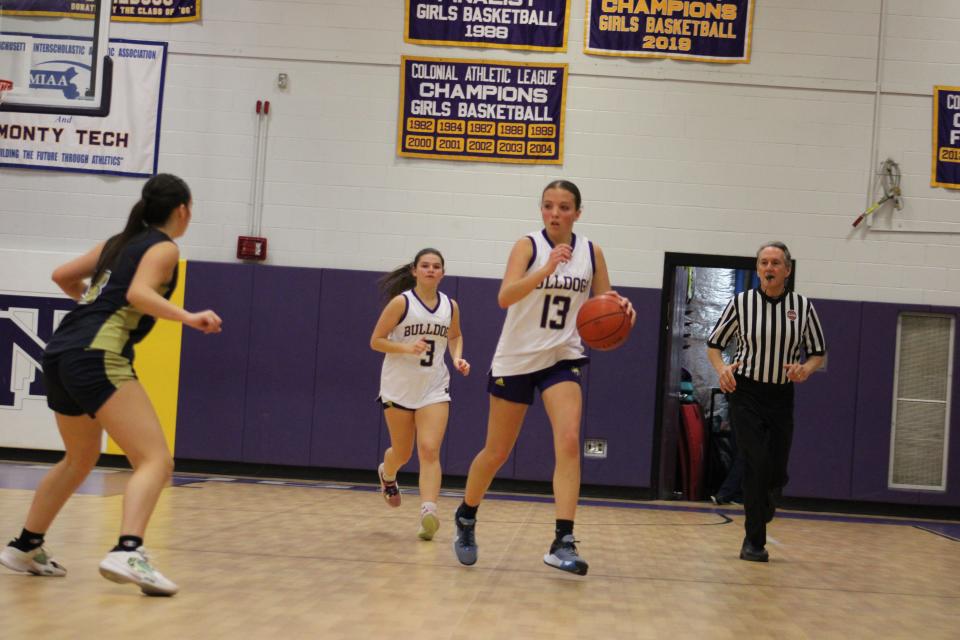 Paige Gadarowski dribbles the ball down the court in Monty Tech's game against St. Bernard's on December 8, 2023.