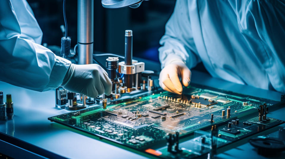 A technician soldering components for a semiconductor board.