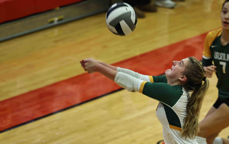 Ursuline Academy senior Sydney Breissinger (4) bumps the ball during their regional final against St. Ursula Saturday, Nov. 5.