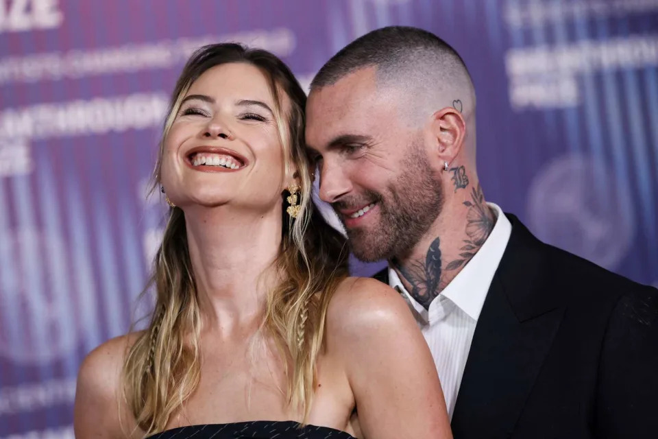 <p>ETIENNE LAURENT/AFP via Getty</p> Behati Prinsloo and Adam Levine at Breakthrough Prize Ceremony