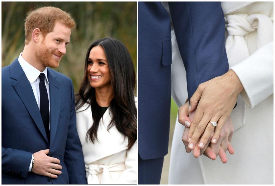 <p>No hubo que esperar mucho. El 27 de noviembre de 2017 anunciaron su compromiso y después presumieron de amor en el Sunken Garden del Kensington Palace. Meghan lució su anillo, que fue diseñado por el propio Harry y que contenía dos diamantes que pertenecieron a Diana de Gales. (Foto: Reuters / AP). </p>