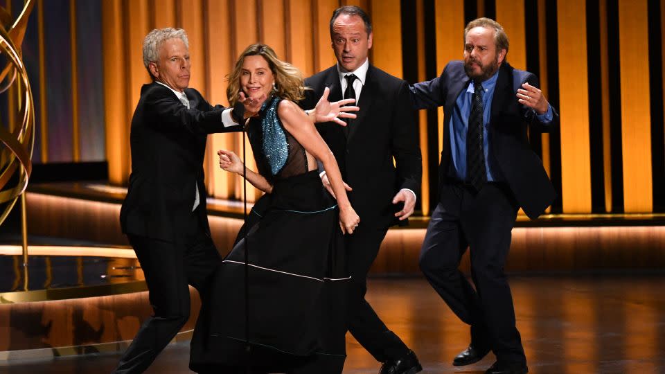 Greg Germann, Calista Flockhart, Gil Bellows and Peter MacNicol perform a sketch onstage during the 75th Emmy Awards. - Valerie Macon/AFP/Getty Images