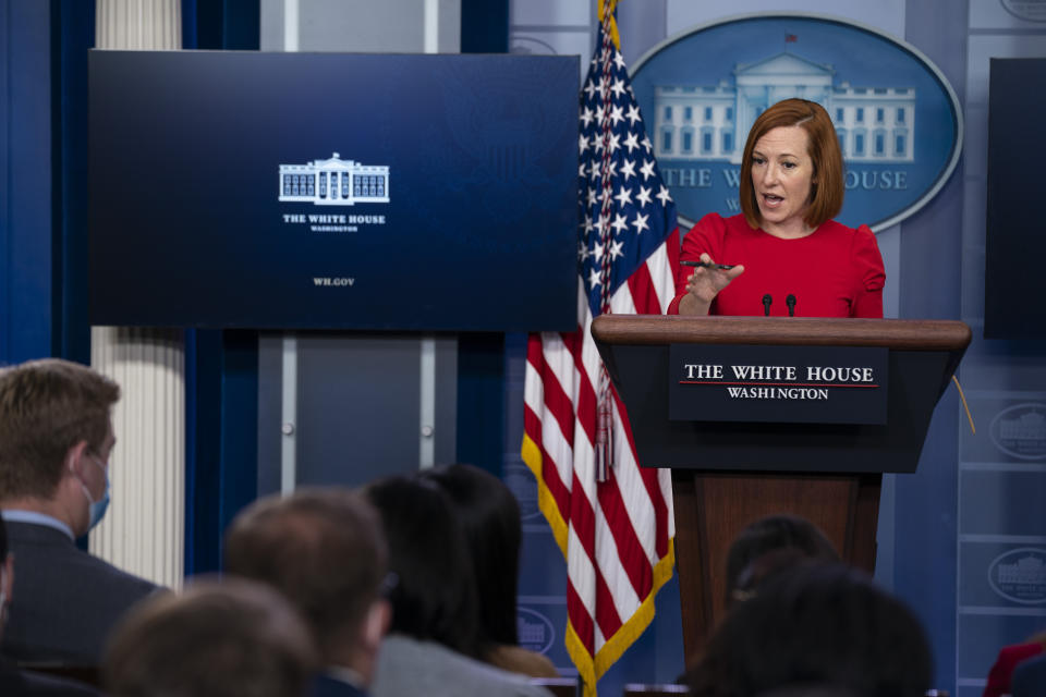 White House press secretary Jen Psaki addresses a press briefing on Friday. 