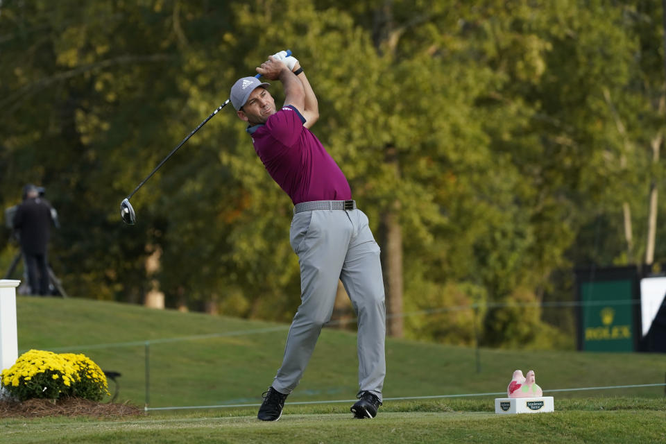 Sergio Garcia, of Spain, watches his drive from the 18th tee during the third round of the Sanderson Farms Championship golf tournament in Jackson, Miss., Saturday, Oct. 3, 2020. (AP Photo/Rogelio V. Solis)