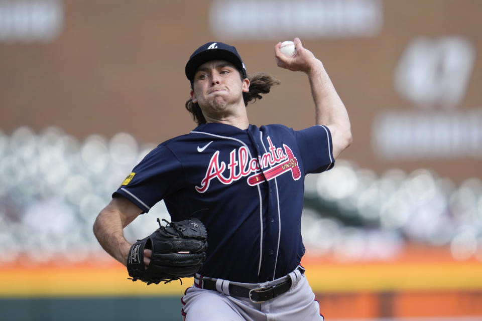 Atlanta Braves pitcher Dylan Dodd throws against the Detroit Tigers in the first inning during the second baseball game of a doubleheader, Wednesday, June 14, 2023, in Detroit. (AP Photo/Paul Sancya)