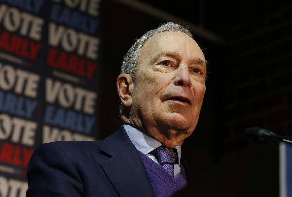 Democratic presidential candidate and former New York City Mayor Michael Bloomberg addresses supporters during a campaign stop in Sacramento, Calif., Monday, Feb. 3, 2020. . (AP Photo/Rich Pedroncelli)