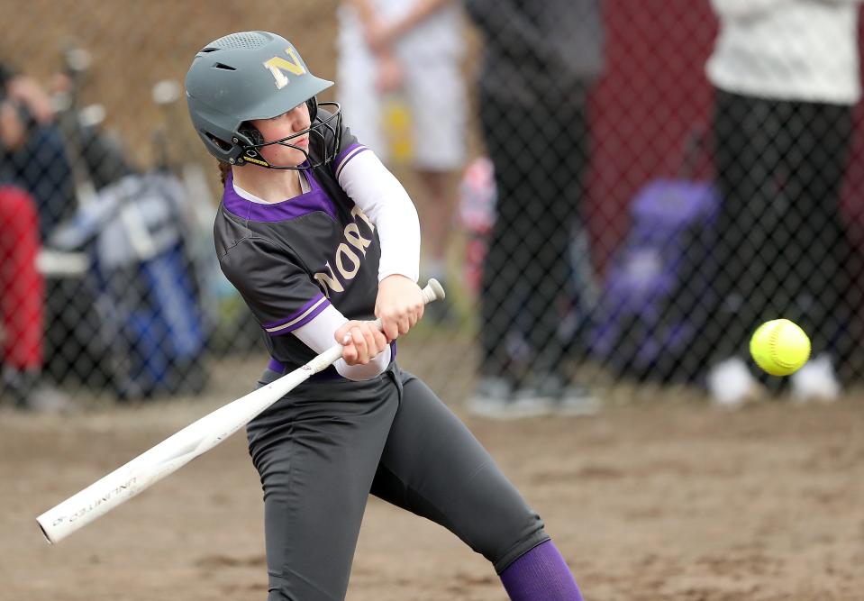 North Kitsap's Kendall Becker takes a swing during the Vikings' 11-5 win over South Kitsap on Wednesday, March 15, 2023.