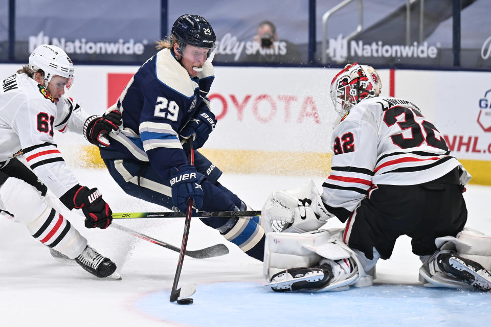 Patrik Laine absolutely undressed Blackhawks goaltender Kevin Lankinen to finish off a ridiculous solo effort. (Getty)