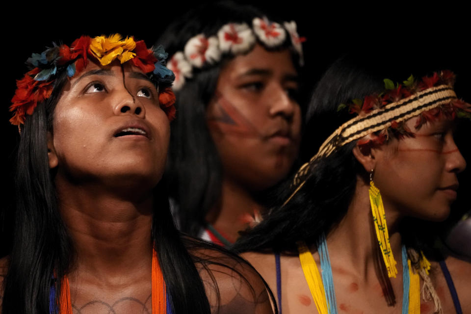 FILE - Tembe Indigenous youths perform a ritual dance at the start of a ceremony presenting Brazil's national Indigenous census at Theater da Paz for a in Belem, Brazil, Aug. 7, 2023. The two-day Amazon Summit opens Tuesday, Aug. 8, 2023, in Belem, where Brazil hosts policymakers and others to discuss how to tackle the immense challenges of protecting the Amazon and stemming the worst of climate change. (AP Photo/Eraldo Peres)