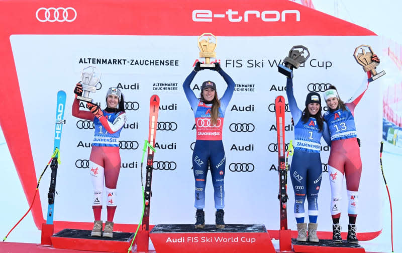 (L-R) Austria's Stephanie Venier, Italy's Sofia Goggia, Italy's Nicol Delago, Austria's Mirjam Puchner on the podium of the Women's World Cup Downhill. Barbara Gindl/APA/dpa