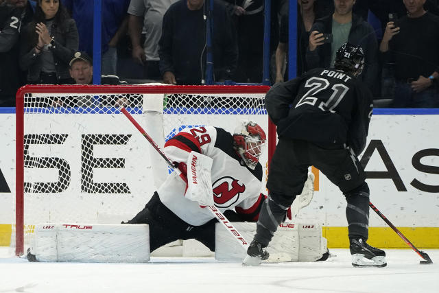 Tampa Bay Lightning center Brayden Point (21) before an NHL hockey