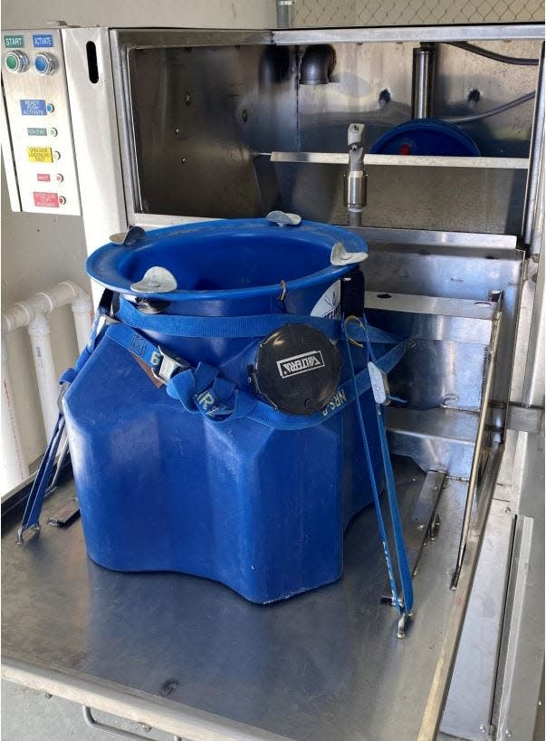 One of the two SCAT machines (Sanitizing Containers with Alternative Technology) available for Smith River floaters to use at the Eden Bridge take-out point.