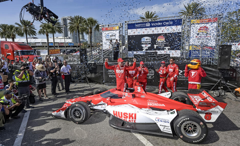 Huski Chocolate Chip Ganassi Racing driver Marcus Ericsson joins teammates in Victory Lane after winning the Grand Prix of St. Petersburg auto race Sunday, March 5, 2023, in St. Petersburg, Fla. (AP Photo/Steve Nesius)