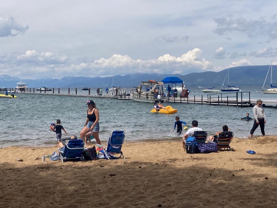 Beach at Camp Richardson reflects high Lake Tahoe water level but plenty of sand to be found.