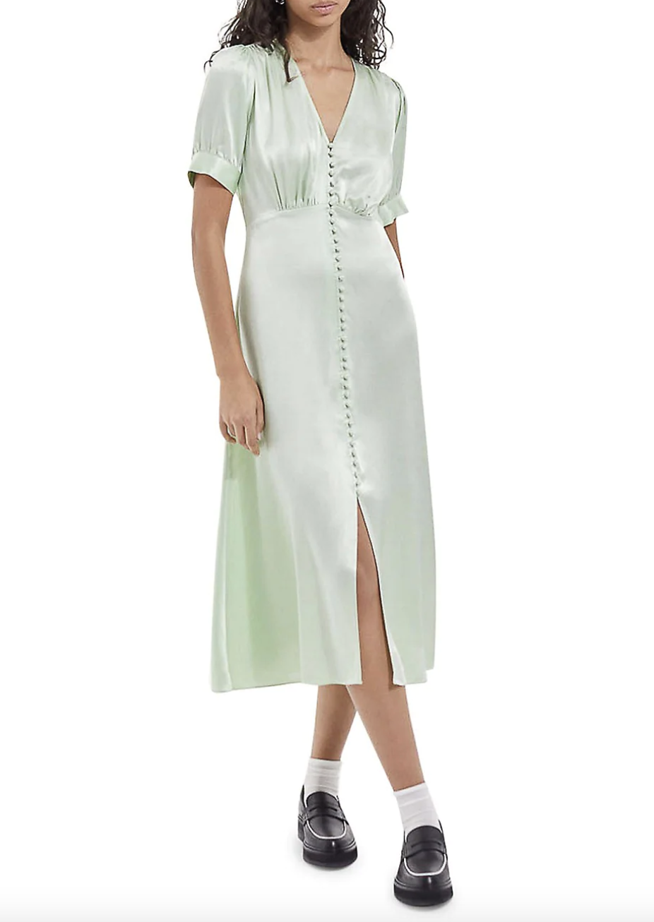 The Kooples Puff-Sleeve Satin Midi Dress in Green (Photo via The Bay)