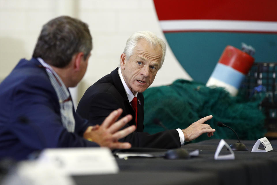 White House trade adviser Peter Navarro speaks during a roundtable discussion with commercial fishermen at Bangor International Airport in Bangor, Maine, Friday, June 5, 2020. (AP Photo/Patrick Semansky)Whiteq