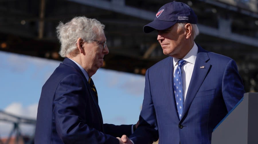 President Biden shakes hands with Senate Minority Leader Mitch McConnell (R-Ky.)