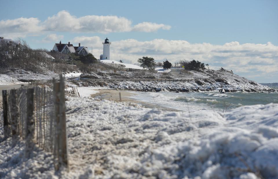 Snow blankets the area around Nobska Lighthouse in Woods Hole after Tuesday's storm.