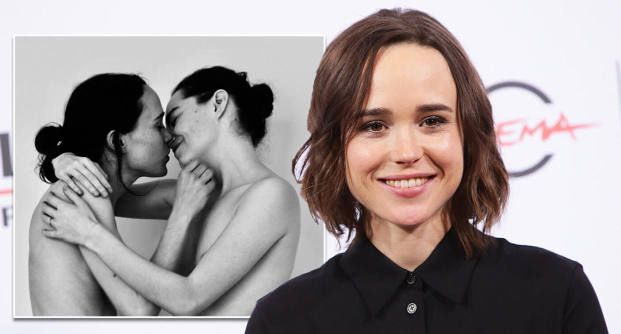 Ellen Page shared a topless picture of herself with wife Emma Portner. [Photo: Getty/Instagram]