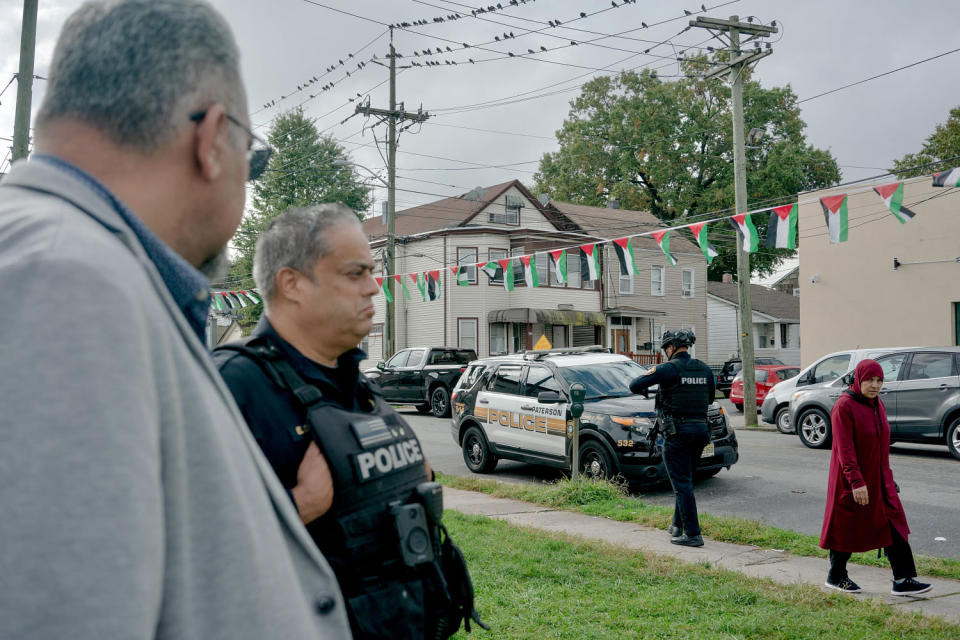 Raed Odeh, 50, who is also a deputy mayor representing his Little Palestine section of Paterson, N.J., speaks with police in October. (Danielle Amy for NBC)