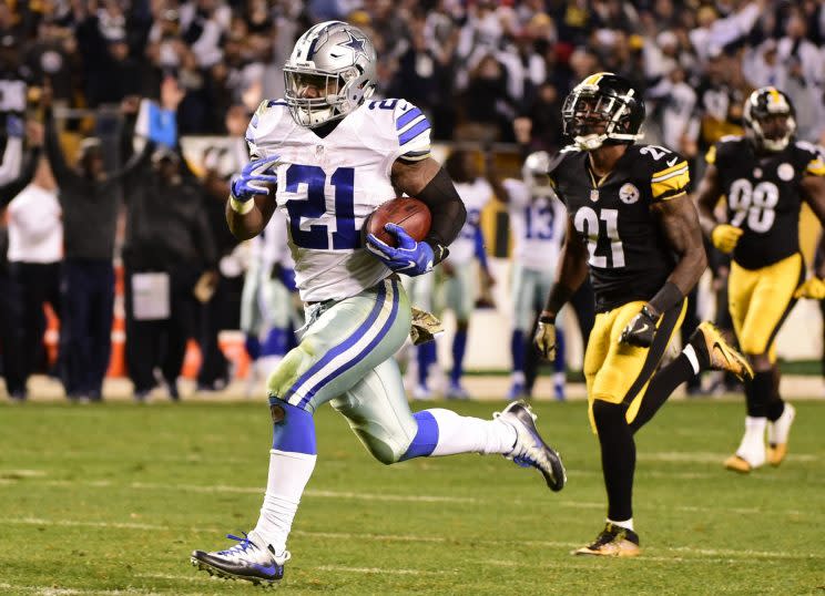 Ezekiel Elliott's game-winning touchdown against the Steelers was one of the enduring NFL moments of 2016. (AP)
