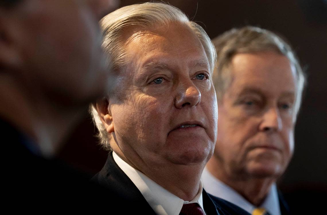 U.S. Sen. Lindsey Graham and U.S. Rep. Joe Wilson, speak after a roundtable discussion about Ukraine on Monday, March, 14, 2022. The event took place at the University of South Carolina School of Law.