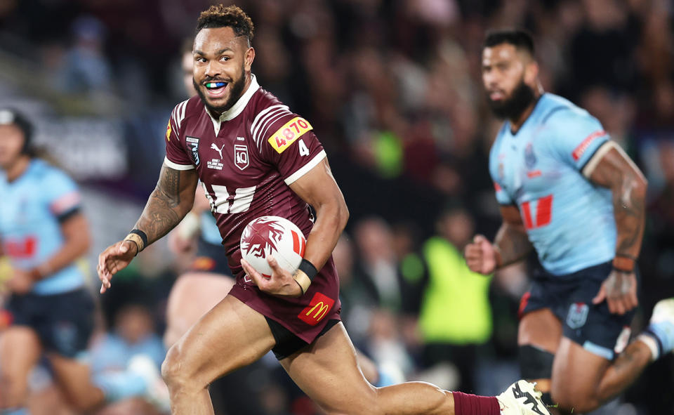 Hamiso Tabuai-Fidow in action for Queensland in State of Origin I. 