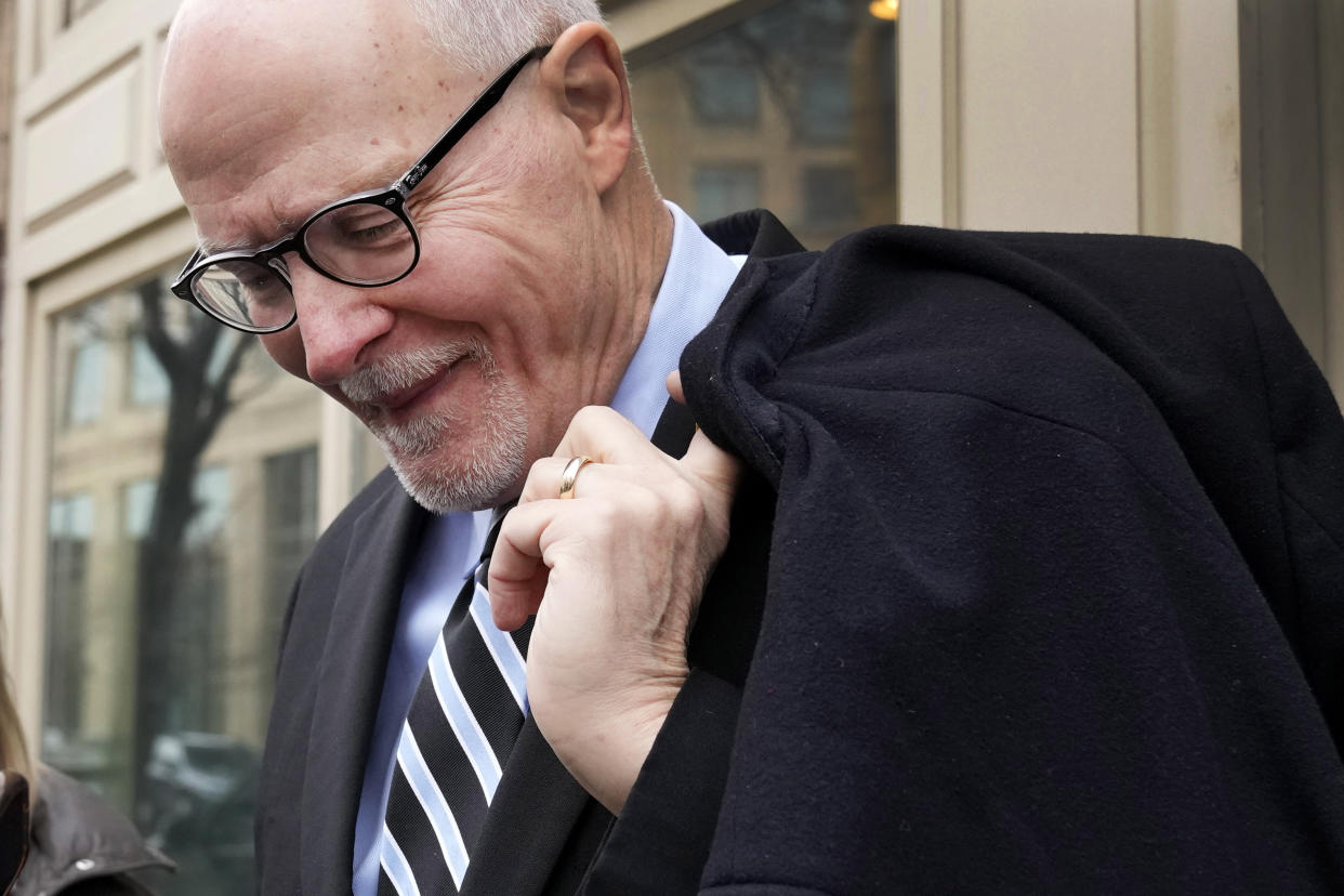 Chicago mayoral candidate Paul Vallas listens to a reporter's question after a campaign stop outside the Ann Sather restaurant in Chicago, Saturday, Feb. 25, 2023. Vallas, who has run as the law-and-order candidate, with support from the city's police union and promises to put hundreds more officers on the streets is hoping to unseat Chicago Mayor Lori Lightfoot and make her the city's first one-term mayor in decades. (AP Photo/Nam Y. Huh)