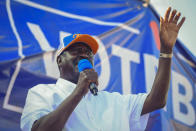 Kenyan presidential candidate Raila Odinga addresses supporters at a campaign rally in Mombasa, Kenya, Friday, Aug. 5, 2022. Kenya is due to hold its general election on Tuesday, Aug. 9 as East Africa's economic hub chooses a successor to President Uhuru Kenyatta. (AP Photo/Gideon Maundu)